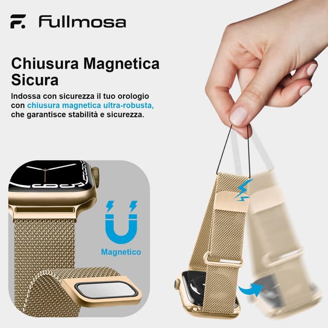 Detalle 2 de Fullmosa cinturino in metallo Milanese compatibile con Apple Watch 44/45/46/42/49 mm (oro)