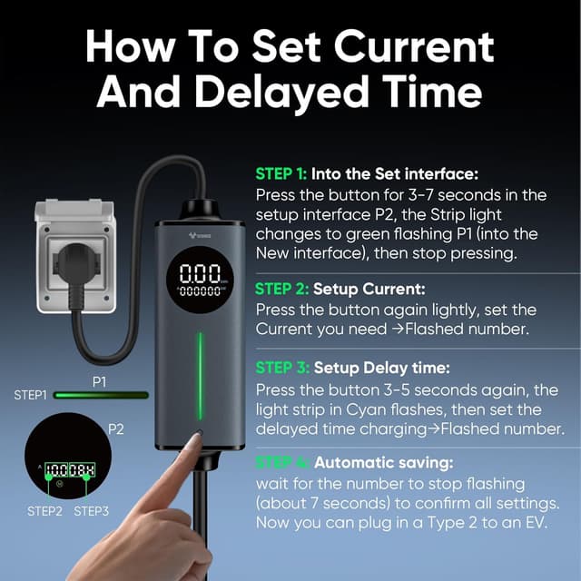 Detalle 2 de GONEO 10M Type 2 EV charger cable (10A, 2.3kW) with UK 3-pin plug and RCD protection