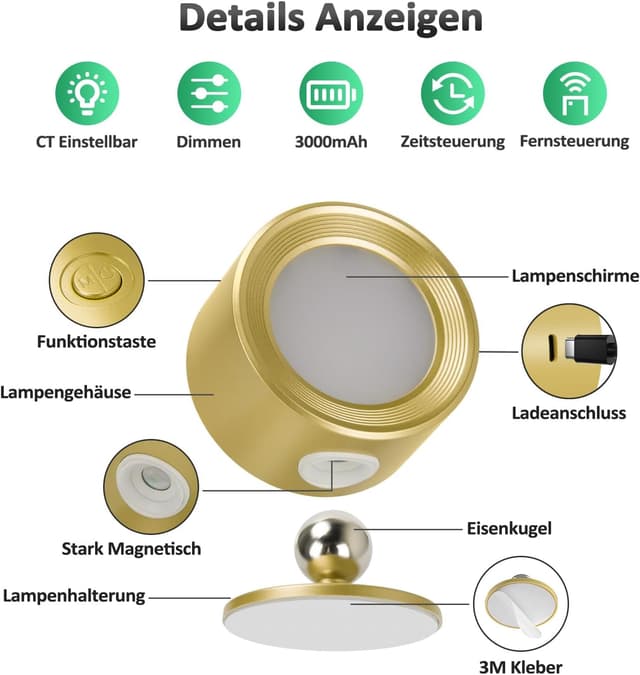 Detalle de Lightbiz LED-Wandleuchte Innen (2er-Set) mit Akku & Fernbedienung – 3 Farbmodi, dimmbar