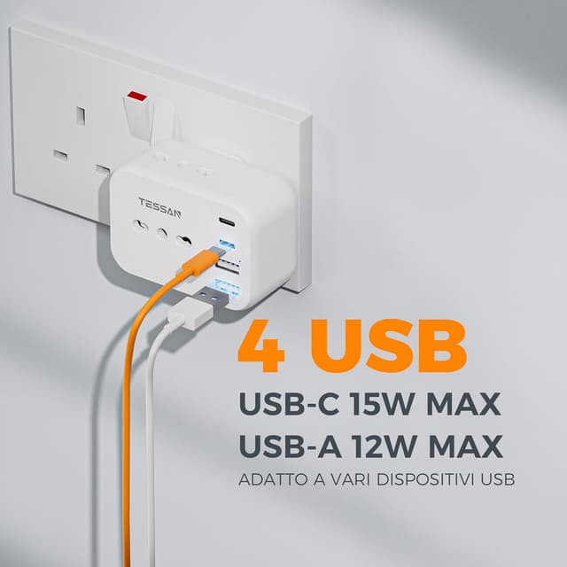 Detalle de TESSAN adattatore presa inglese 7 in 1 con 2 USB-C e 2 USB-A (Tipo G) fino a 3.250 W
