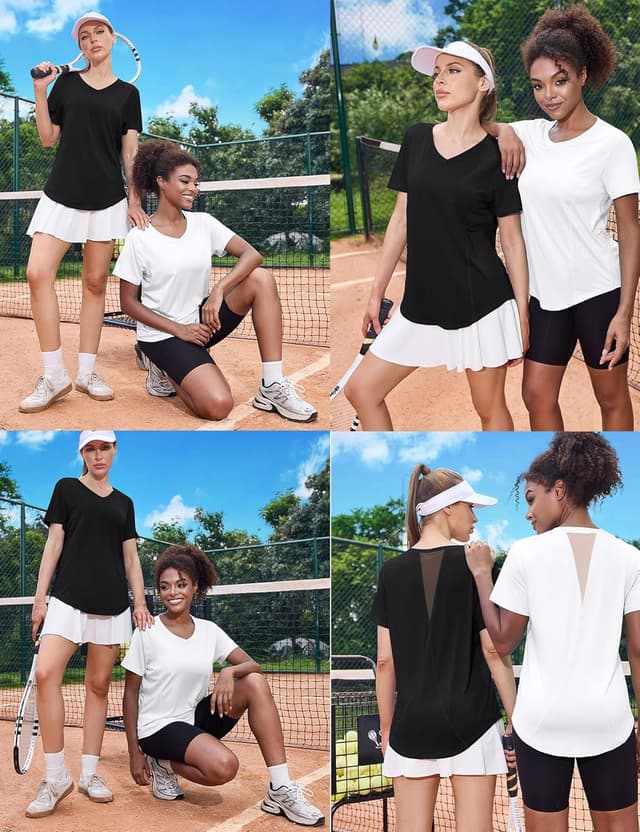 Detalle 2 de Gyabnw maglietta sportiva donna con scollo a V, rete traspirante e tessuto ad asciugatura rapida