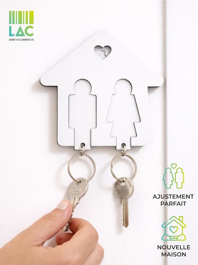 Detalle de Porte-clés couple en bois LAC « Porte Clé Couple » – maison avec 2 personnages et 2 anneaux