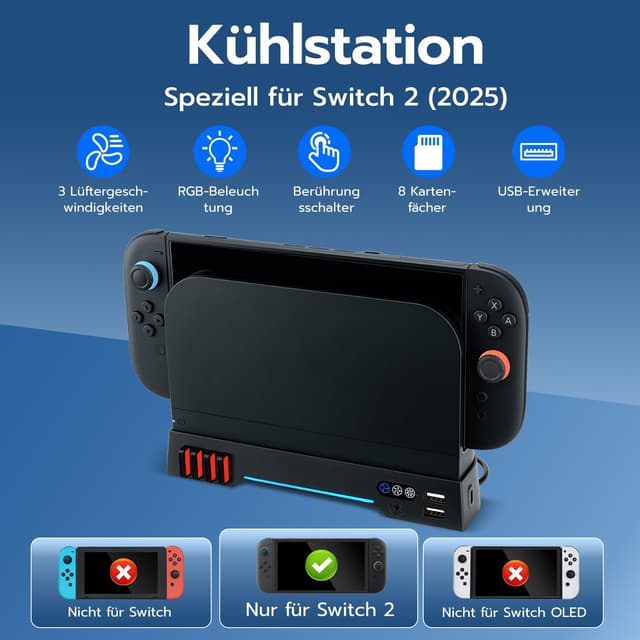 Detalle 2 de Mcbazel Switch 2 Dock Kühlventilator-Ständer mit RGB, 3-stufig & 8 Karten-Slots