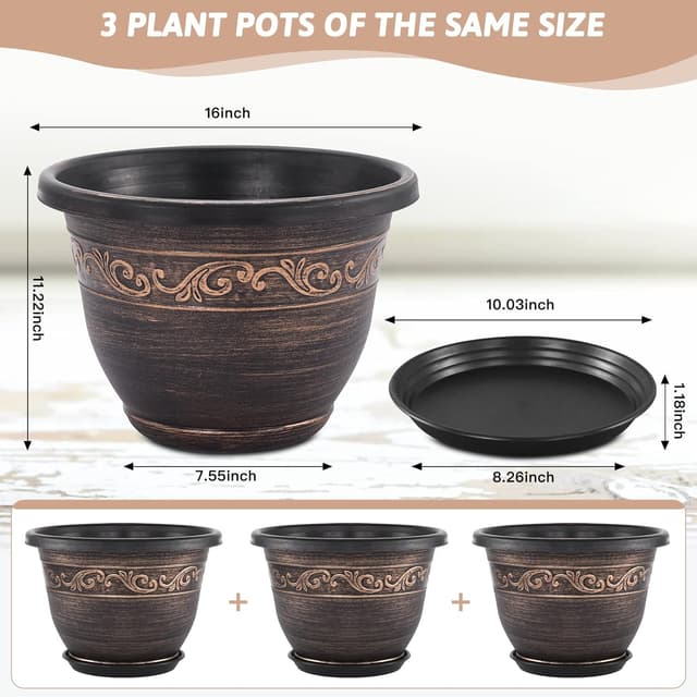 Detalle 2 de Pottiffe 40cm plastic plant flower planters (3-pack) with drainage holes and saucers