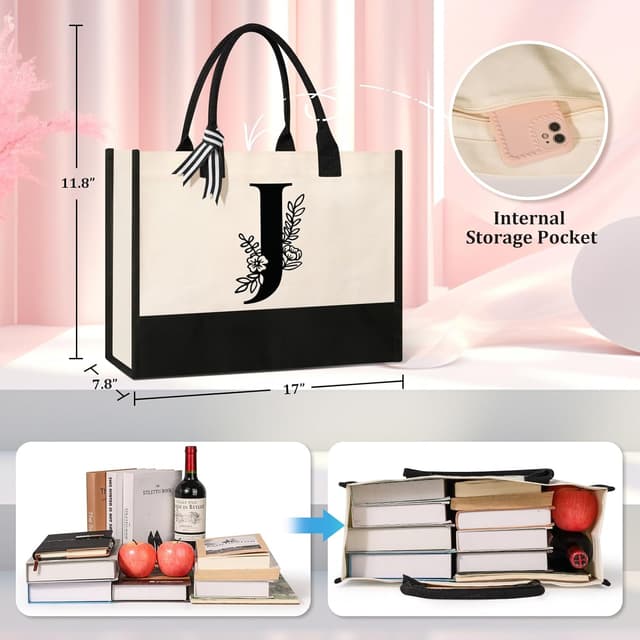 Detalle de Personalised Initial Canvas Tote Bag (with Cosmetic Bags) – heavy-duty 100% cotton, reusable everyday carry