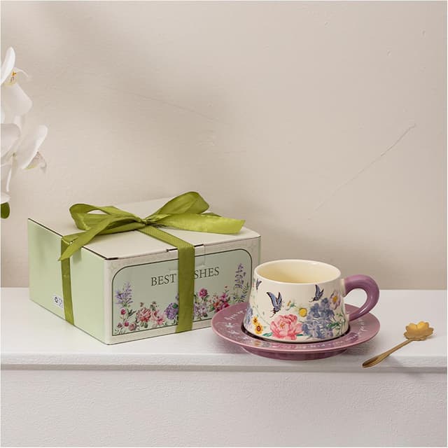 Thumbnail 6 de ENSFTF Lily of the Valley coffee cup and saucer set (300ml) with stirrer – pink oil painting butterfly gift set