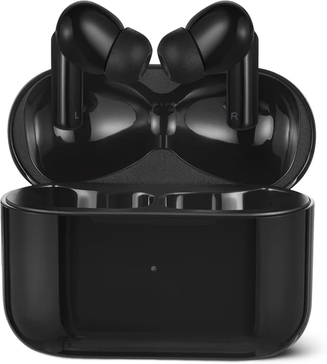 Detalle de Amazon Basics Bluetooth True Wireless Earbuds (IPX4, in-ear w/ mic) with Charging Case, Black