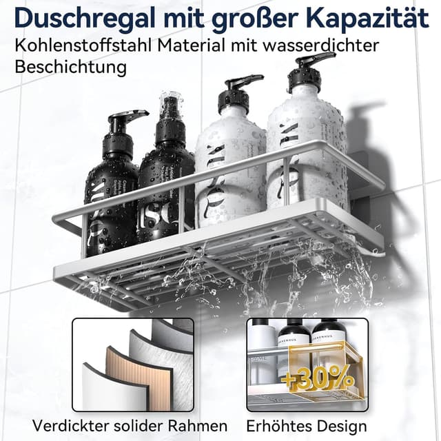 Detalle de YASONIC Duschablage ohne Bohren (3er-Set) – rostfreie Organizer mit 2 Haken, schnell trocknend, Silber