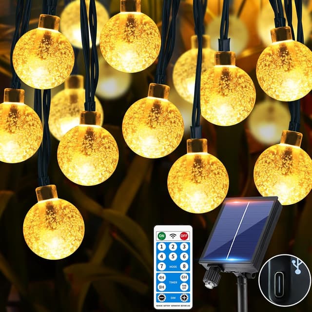 Detalle de RJEDL Solar String Lights Outdoor Garden – 11M 60 Crystal Ball LEDs, Warm White, 8 Modes + Remote