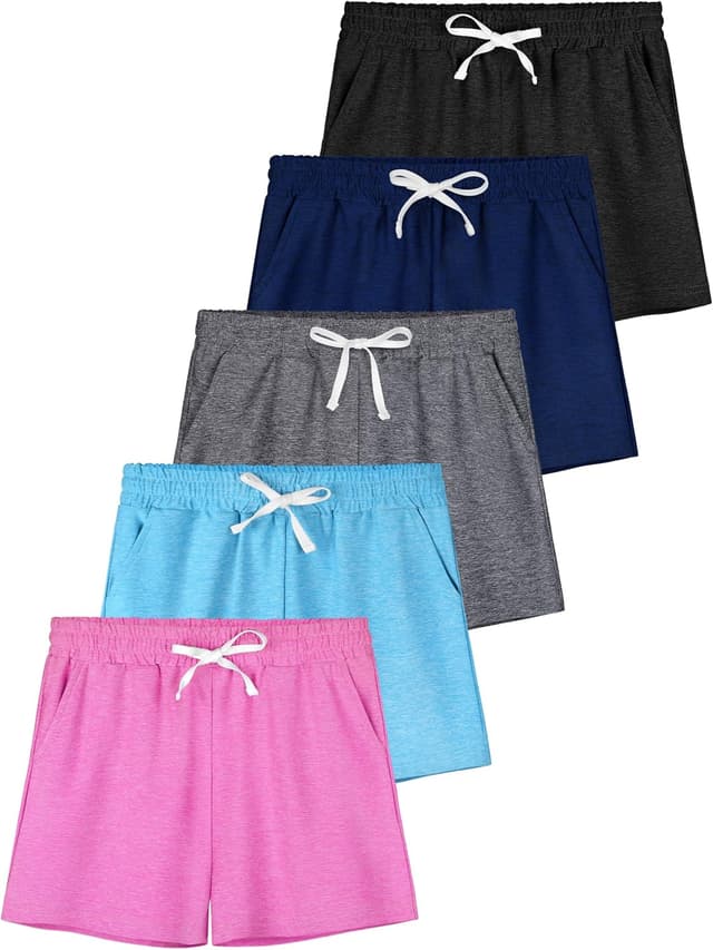 Detalle de QWE 5-Pack Girls Athletic Shorts (Quick-Drying, Drawstring, Pockets)