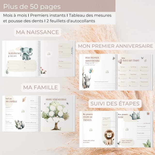 Detalle de HuBorns Livre de naissance bébé avec +50 pages, autocollants et emplacement photos (de la naissance à 5 ans)