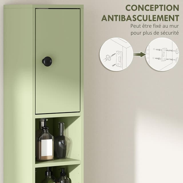 Detalle de Kleankin meuble colonne salle de bain fine avec 4 étagères réglables, 1 tiroir et 2 placards 20 x 20 x 180 cm (vert)