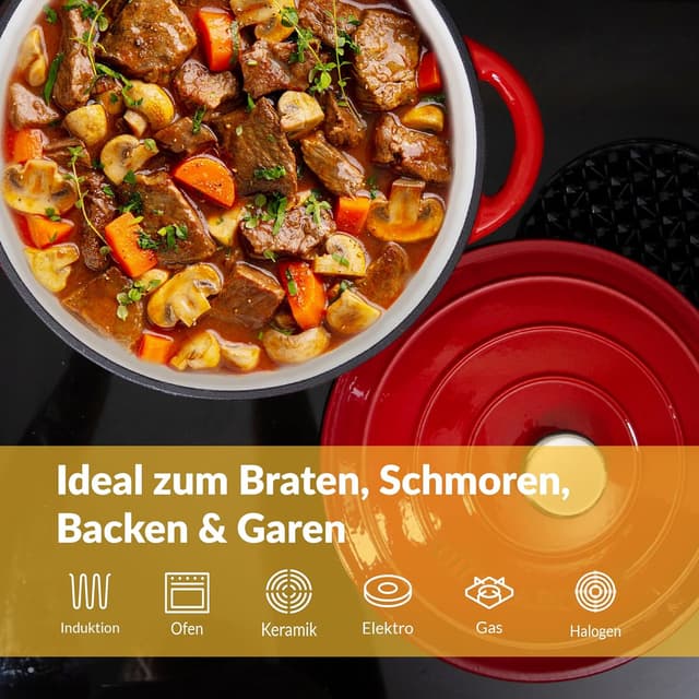 Detalle de Gusseisen Topf 26 cm (4,7 L) emailliert – Schmortopf mit Deckel, induktionsgeeignet