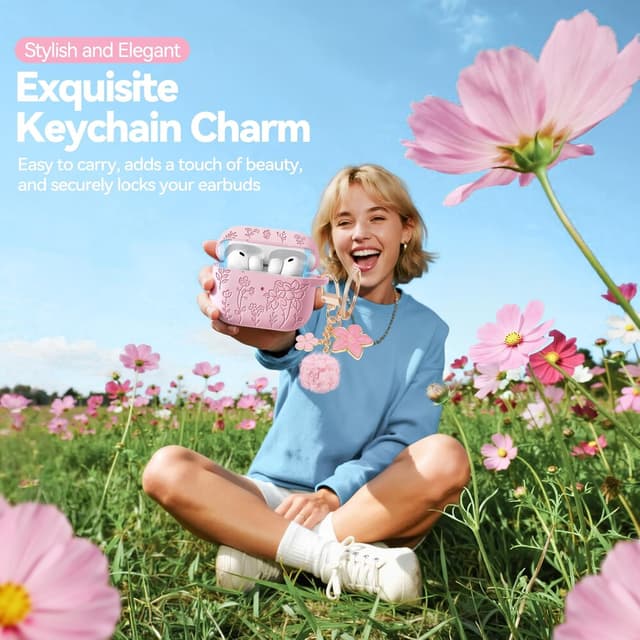 Detalle de Flower Engraved Magnetic-Lid Silicone Case for AirPods Pro 3 (2025) with Keychain & Cleaning Kit