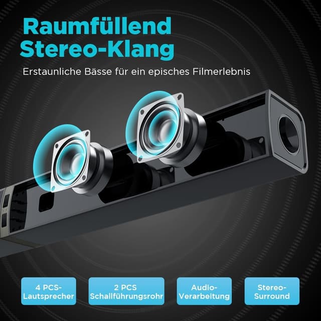 Detalle de HoYLluDLL 2.0-Kanal Soundbar für TV (abnehmbare 2-in-1 Soundbar, Bluetooth, ARC/optisch/Aux, 3 EQ-Modi)