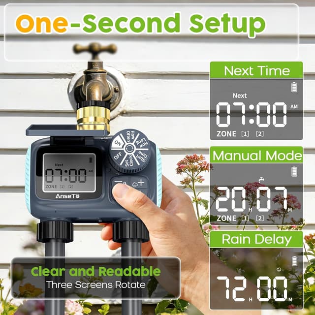 Detalle de AnseTo Timer di Irrigazione Solare con 2 Uscite e pannello regolabile, ricarica USB-C