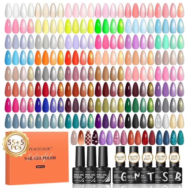 Detalle de Peacecolor UV-Nagellack-Set mit 55 Farben (60-teilig) inkl. Base- und Top-Coats für Gelnägel-Starter