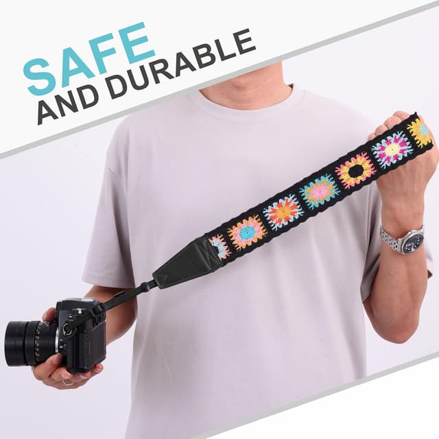 Thumbnail 6 de Padwa Lifestyle Colorful Crochet Camera Strap with 2" full grain leather ends