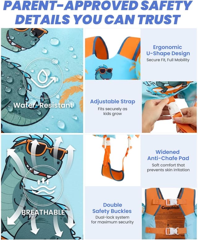Detalle de Gogokids 2-in-1 Toddler Swim Vest Pool Floaties (ASTM F963-17 & CPSIA, 24–66 lbs) with Detachable Crotch Strap