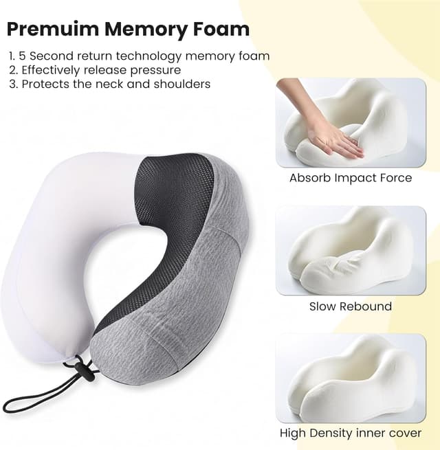 Detalle de TRENDIQ Travel Pillow for Airplane – premium memory foam neck support set with cotton cover, eye mask & ear plugs