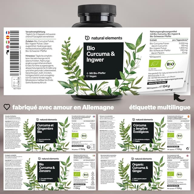 Detalle 2 de Natural Elements Curcuma & Gingembre Bio hautement dosé (4440 mg) – 180 gélules