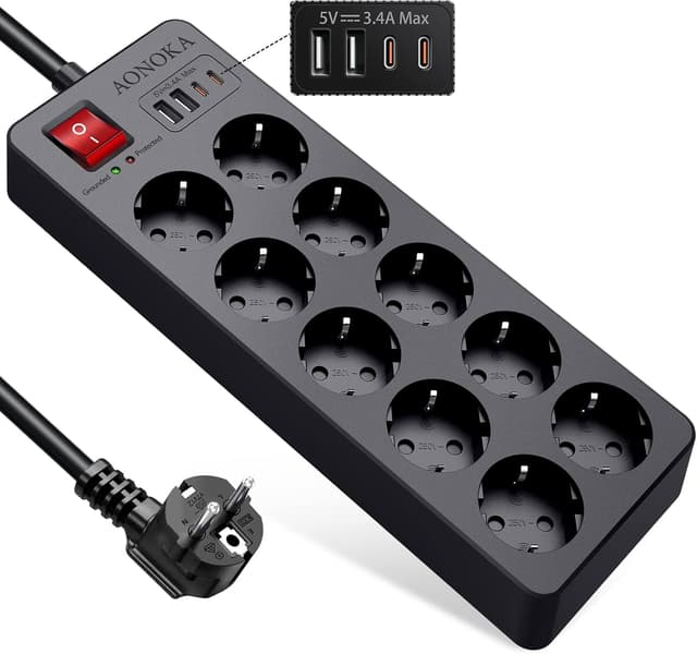 Detalle de oorkyzz Ciabatta multipresa con protezione da sovratensione (fino a 1700 Joule), 10 prese e 4 USB-C, 1,5 m, nero