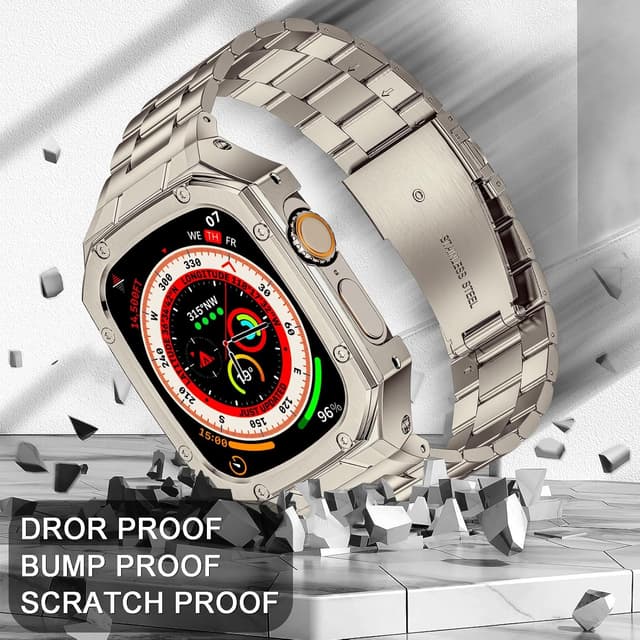 Detalle de BAITEYOU Stainless Steel Watch Band with Protective Case for Apple Watch Ultra 3/2/1 (49mm) in Titanium Color