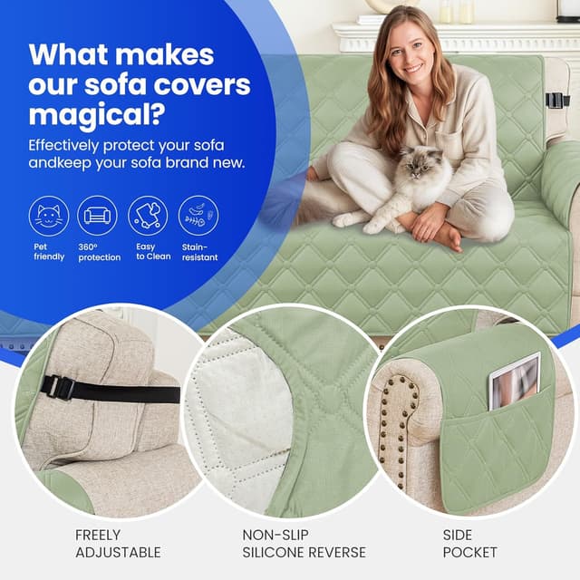 Detalle de Ystyle copridivano impermeabile trapuntato 3 posti con braccioli, antigraffio e antiscivolo, verde menta