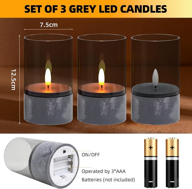 Detalle de Dixmas 3 Stück flammenlose LED-Kerzen – 3D-Docht, realistisch flackernd, grau (je Ø 7,5 cm, Höhe 12,5 cm)