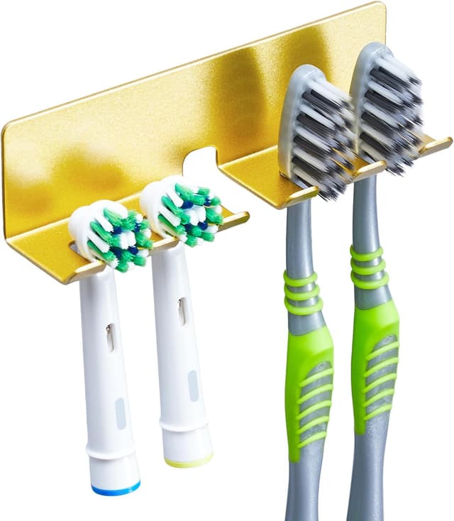 Detalle de GGQ Zahnbürstenhalter (Wand, ohne Bohren) mit selbstklebender Aufsatz-Halterung für elektrische Zahnbürsten – Gold, Groß