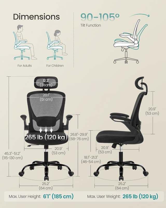 Detalle de SONGMICS Office Mesh Chair (OBN047B02) with Lumbar & Head Support