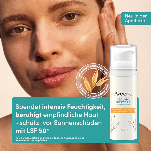 Detalle 2 de Aveeno CALM+RESTORE Hafer Tagespflege LSF 50 (50 ml) – Breitband-Spektrum UVA/UVB, parfümfrei