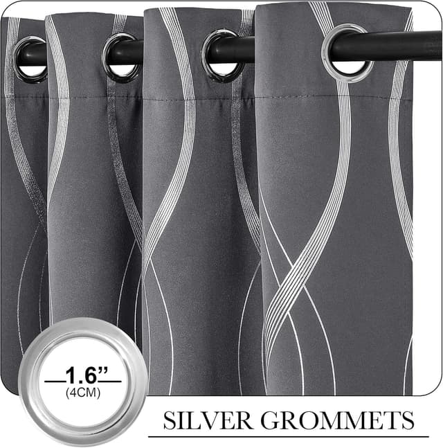 Detalle 2 de PONY DANCE Blackout Curtains (Silver Wave Foil Print) – Grey, 2 Panels, Thermal Insulated Eyelet Ready Made