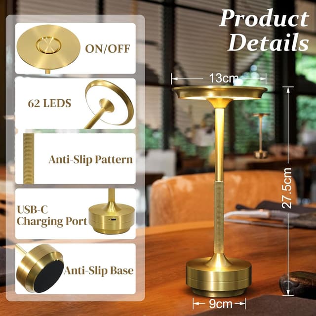 Detalle de Rechargeable Cordless Table Lamp (5200mAh) with USB-C Charging, 3-Colour Stepless Dimming, IPX4 Waterproof (2 Pack Gold)