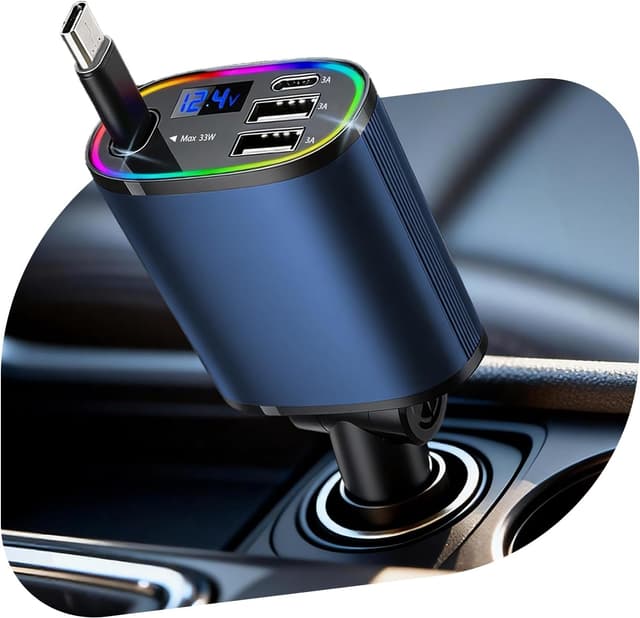 Detalle de Retractable 78W Car Charger (4-in-1) with USB-C/USB-A and Type-C Cable – RGB Light
