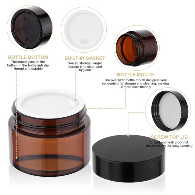 Detalle de HOTUT Amber Glas Leerdose (6 Stück) – 50 ml Glas-Cremedosen zum Nachfüllen für Reise & Kosmetik