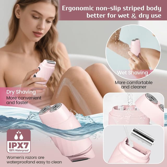 Detalle 1 de Asbyte 4-in-1 Electric Razor for Women (Bikini Trimmer & Facial Hair Remover) – Dual-Head, IPX7 Waterproof, Rechargeable Cordless, Pink