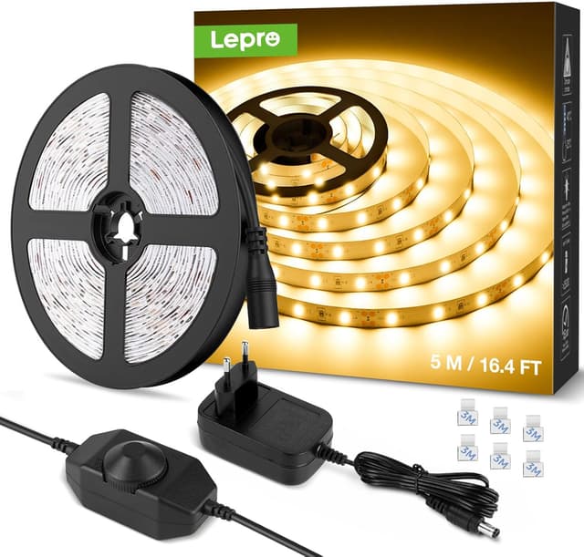 Detalle de Lepro LED Strip 5 m Warmweiß 3000K, dimmbar (12 V, 300 LEDs) – selbstklebend, IP20