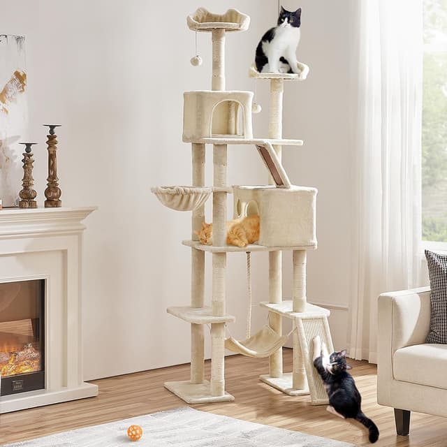 Detalle de Yaheetech Arbre à Chat Géant 209 cm avec poteaux en sisal, 2 perchoirs, niches et hamac