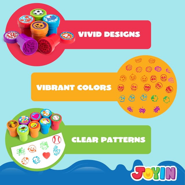 Detalle de JOYIN Kinder-Stempel-Set (100 Stück) mit selbstfärbenden Mini-Stempeln – 50 Motive für Ostereier & Mitgebsel