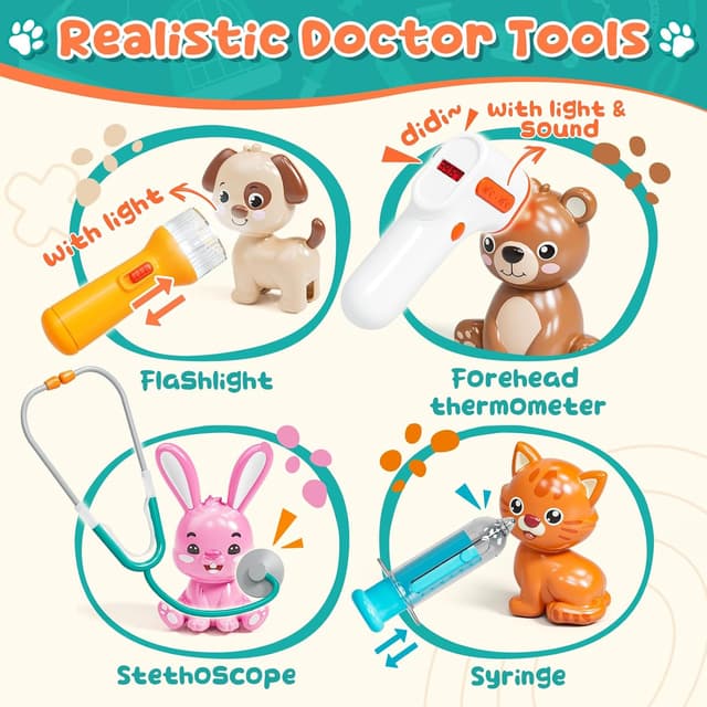 Detalle 2 de Lehoo Castle Kids Vet & Doctors Playset – Pet Clinic Role Play Set for Age 3+