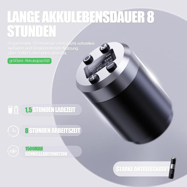 Thumbnail 6 de Dragonhawk Kabellose Rotations-Tätowiermaschine mit 2 Akkus (1500 mAh) und digitaler LED-Anzeige – Grau