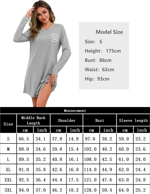 Thumbnail 6 de Uniexcosm Chemise de nuit manches longues femme en coton (95 %) avec col rond et poche poitrine