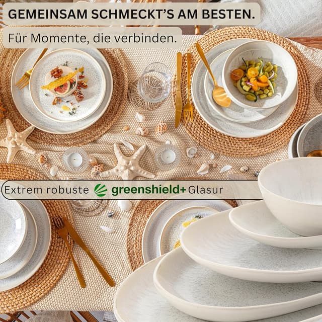 Detalle de SÄNGER Servierplatten Korfu 11- tlg. Set: Steingut Geschirrset mit Dip-Schalen & Servierplatten (cremefarben, spülmaschinenfest)