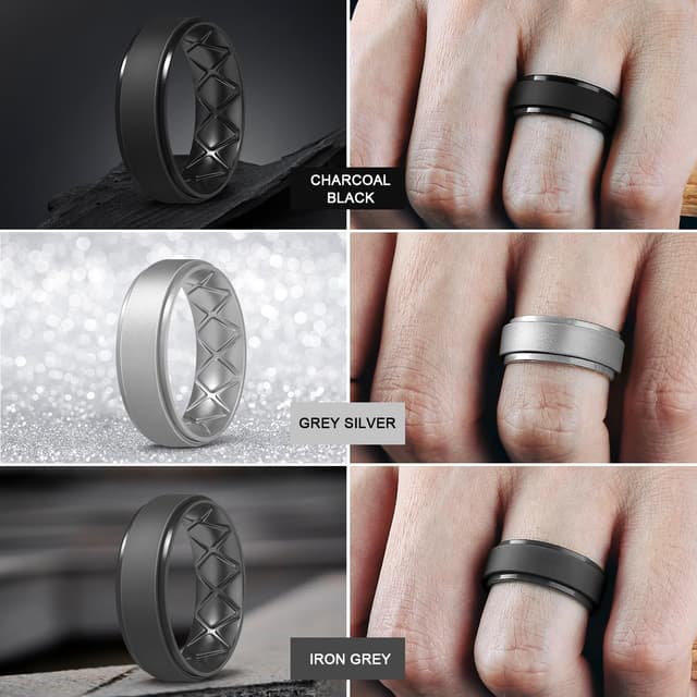 Detalle 2 de Egnaro Men’s Silicone Wedding Bands (8.5mm wide, 2mm thick, ergonomic inner arc) — breathable & hypoallergenic gym/outdoor ring