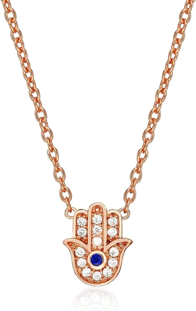 Detalle de Diamond Treats collier Khamsa Main de Fatma en argent 925 plaqué or rose, pendentif zircone bleu