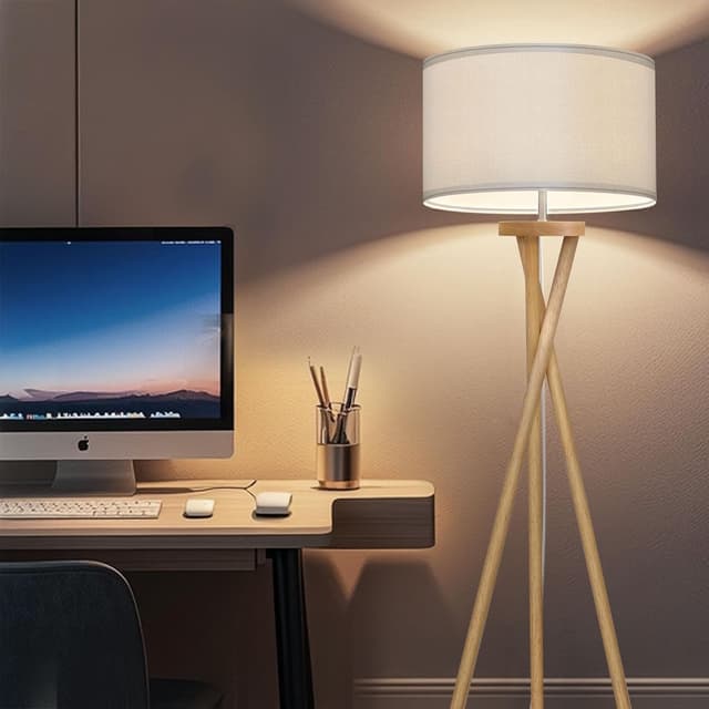 Thumbnail 6 de Lampadaire sur pied BBHome style scandinave en bois avec abat-jour blanc et ampoule LED E27 9 W