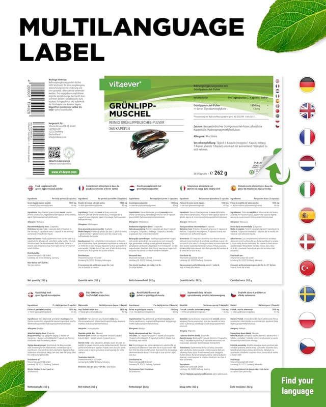 Detalle 2 de vit4ever Grünlippmuschel 365 Kapseln 💊