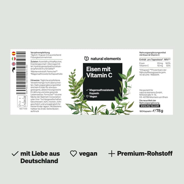 Thumbnail 4 de natural elements Eisen 20 mg Kapseln, 180 Stk. 💊