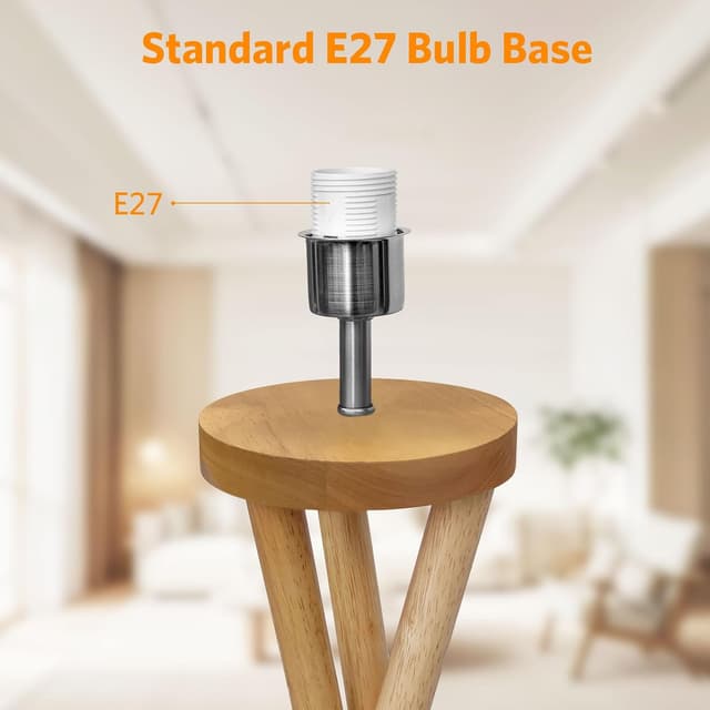 Detalle de Lampadaire sur pied BBHome style scandinave en bois avec abat-jour blanc et ampoule LED E27 9 W